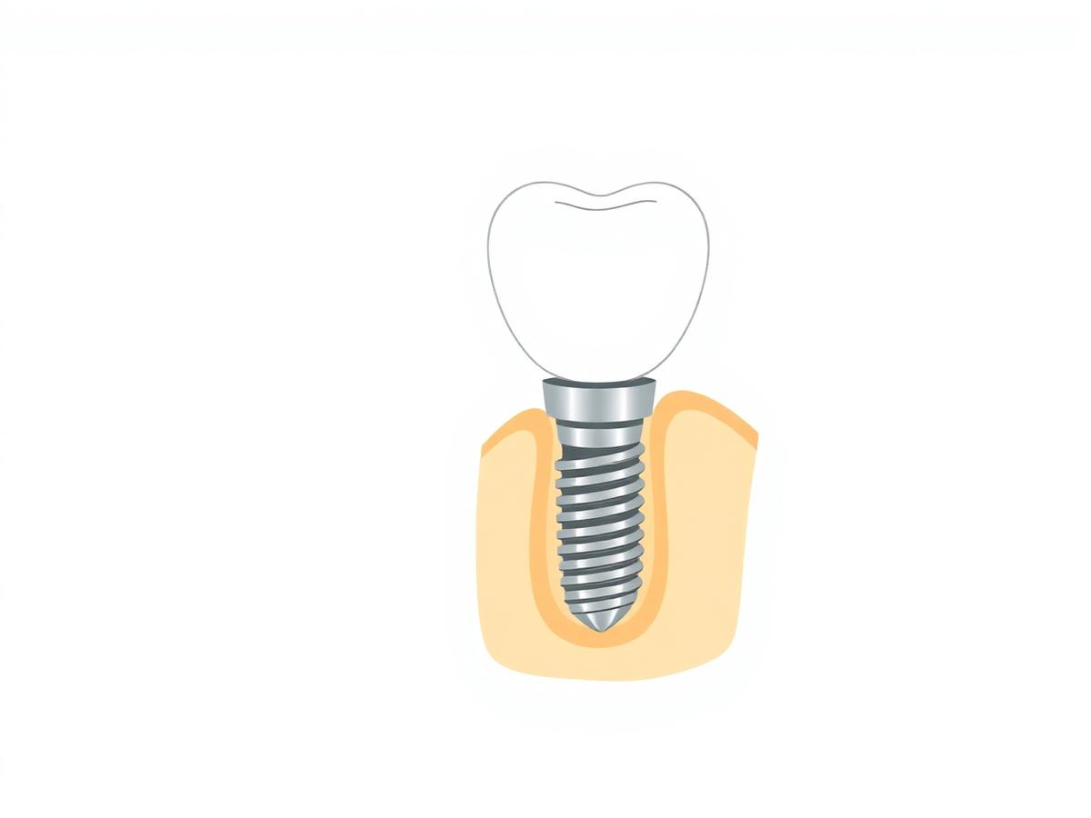 Educational illustration of a dental implant showing the titanium post in the jawbone, the abutment and the ceramic crown
