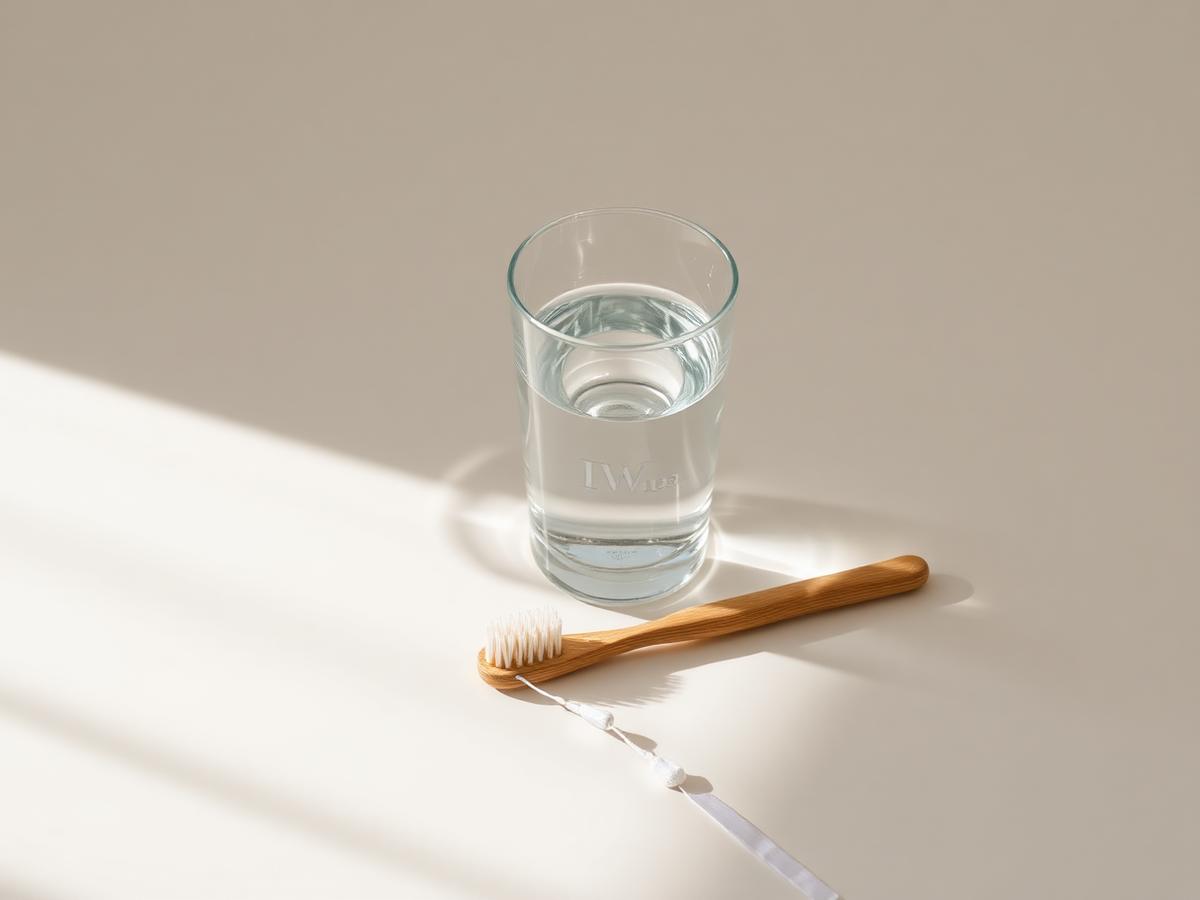 A glass of water, wooden toothbrush and dental floss in soft morning light